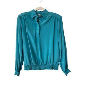 Vintage 80s Gailord Popover Blouse Size 8 Smocked Waist Teal Blue Deadstock NEW